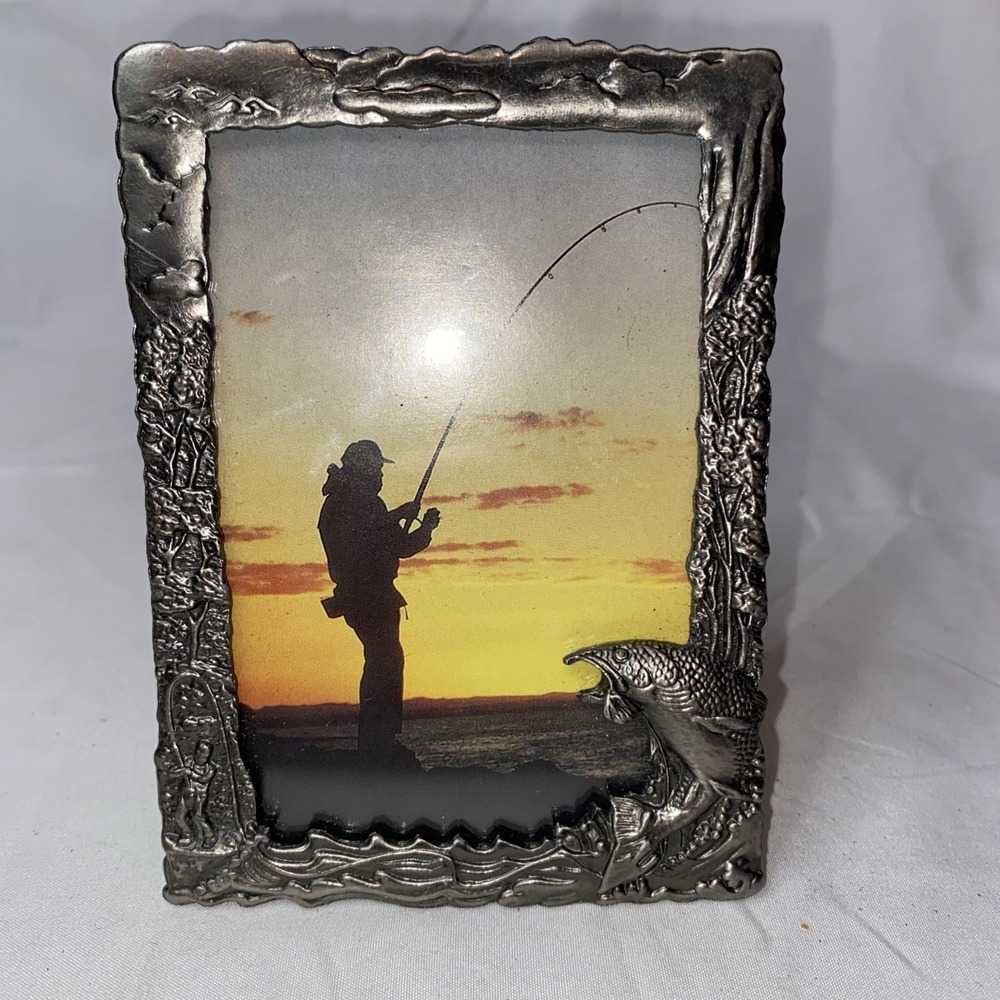 Vintage Metal Fisherman Photo Frame 3 1/2 X 5 Inches